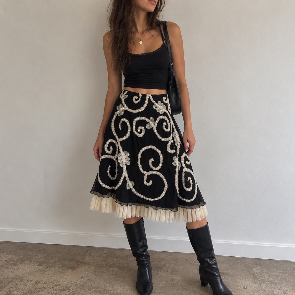 Basil & Maude Black Sequin Embroidered Tulle Skirt Size 6 Whimsygoth Fairycore